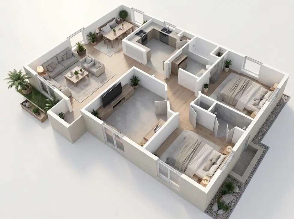 Angled 3D apartment floor plan showing a furnished layout with living room, dining area, kitchen, bathroom, two bedrooms, wood flooring, decor, and plants.