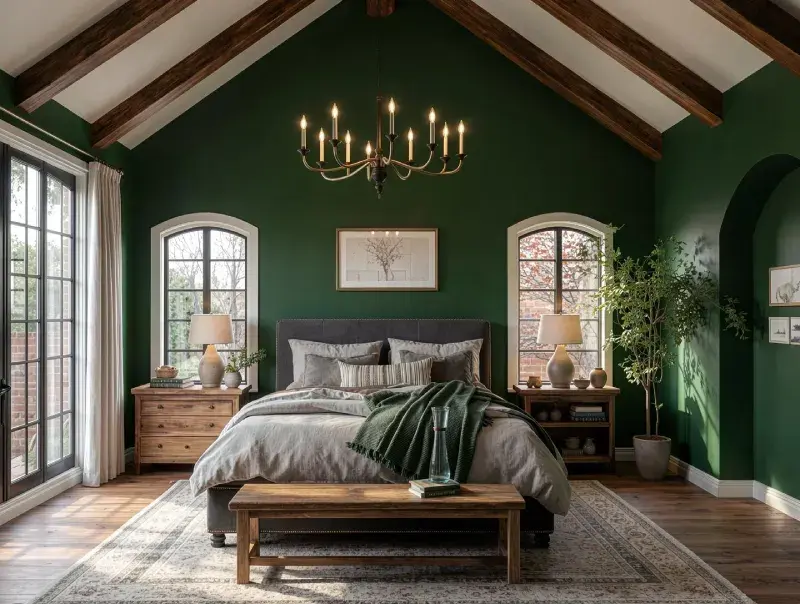 Modern farmhouse bedroom with green walls, exposed wood beams, upholstered bed, wooden furniture, and warm chandelier lighting