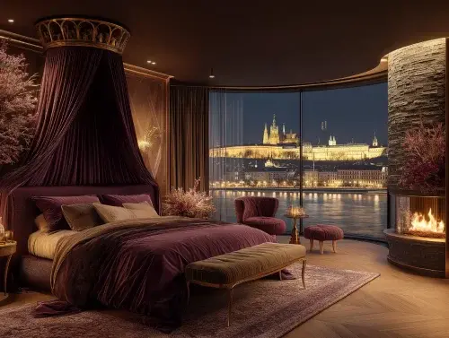 Luxury hotel guest room with a dramatic canopy bed, rich velvet textures, ambient lighting, fireplace, and panoramic waterfront city view at night.