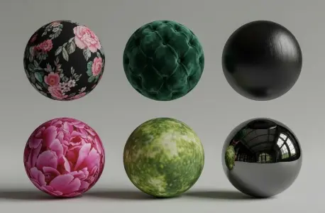 Set of six 3D material spheres with different textures like floral fabric, velvet, leather, and chrome.