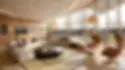 Zen Japanese style living room with a low cream sectional sofa, tatami inspired flooring, round black coffee table, neutral lounge chairs, woven pendant lights, and large curved windows.