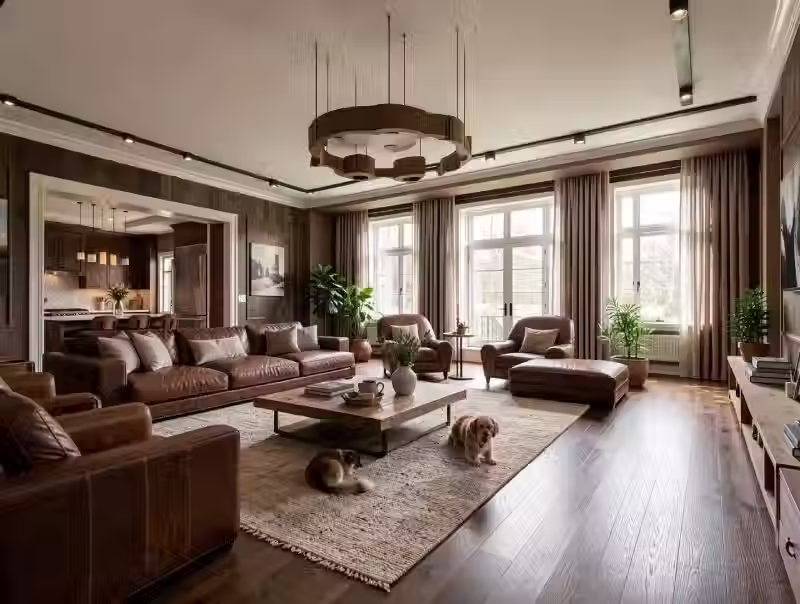 Soggiorno in stile farmhouse moderno con sedute in pelle marrone scuro, finiture in legno caldo, ampie finestre e illuminazione contemporanea stratificata.