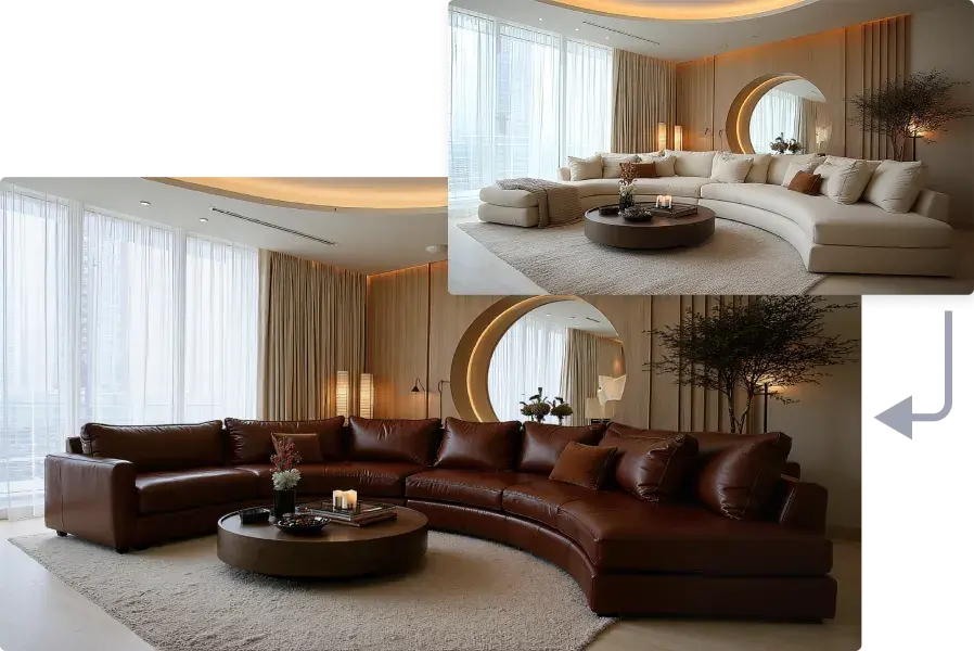 Room design before and after transformation of a modern living room generated with ArchiVinci AI Rendering Software Room Design AI modules, updating sofa layout, lighting, and décor details for a refined realistic interior.
