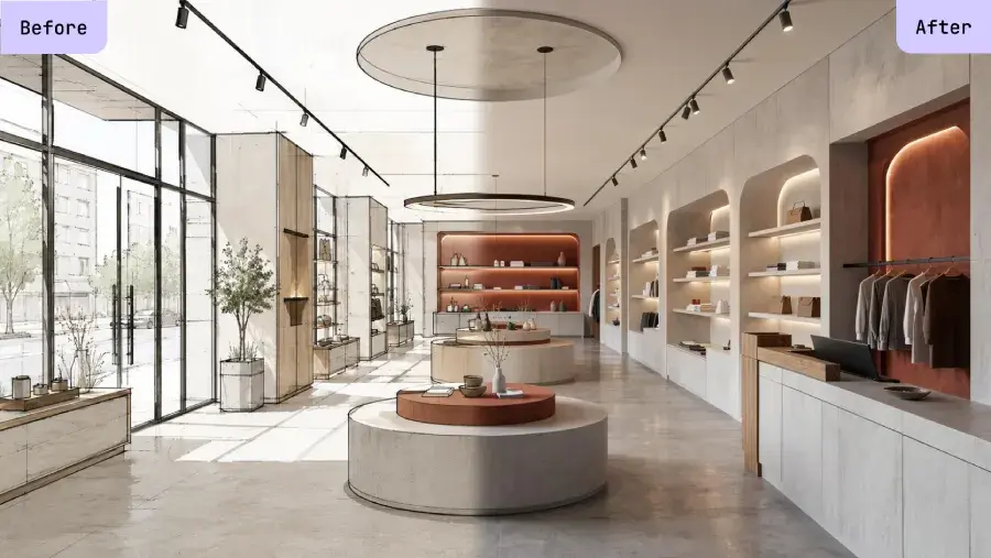 Render fotorealistico di un interno retail che mostra una boutique moderna con espositori su misura, illuminazione a binario, dettagli in legno caldo e finiture minimaliste.