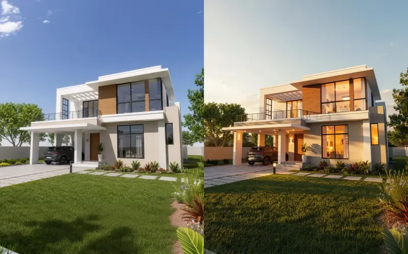Comparación de una vivienda moderna en Enscape con iluminación diurna y una alternativa cálida al atardecer.