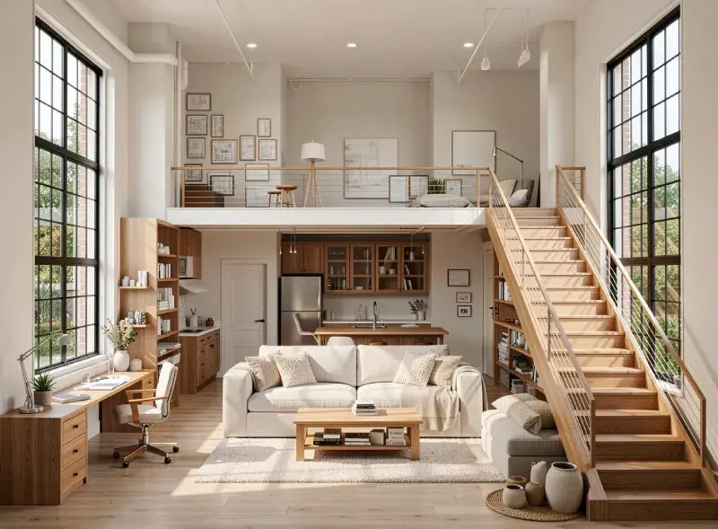 Modern loft interior with mezzanine level, wooden staircase, open kitchen, and minimal Scandinavian-style furniture.