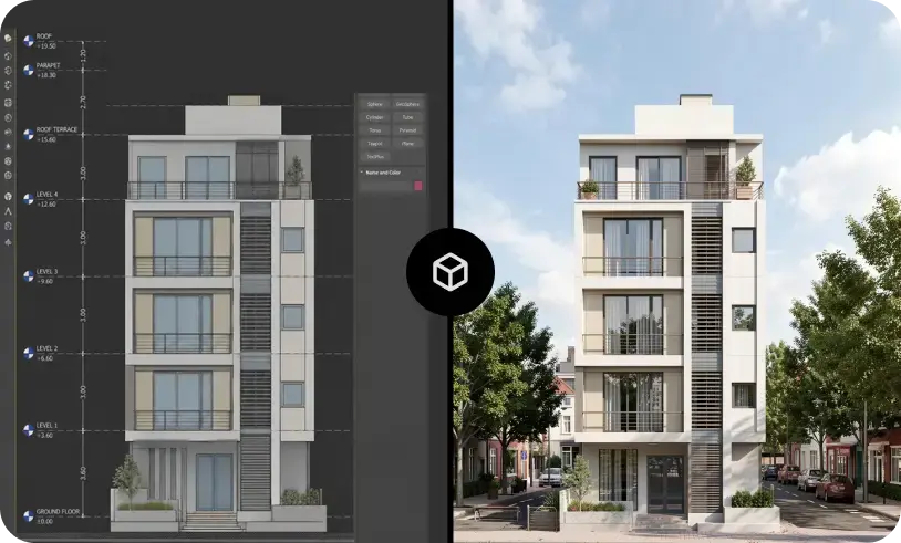3ds Max elevation drawing transformed into a photorealistic exterior render of a modern multi-story residential building.
