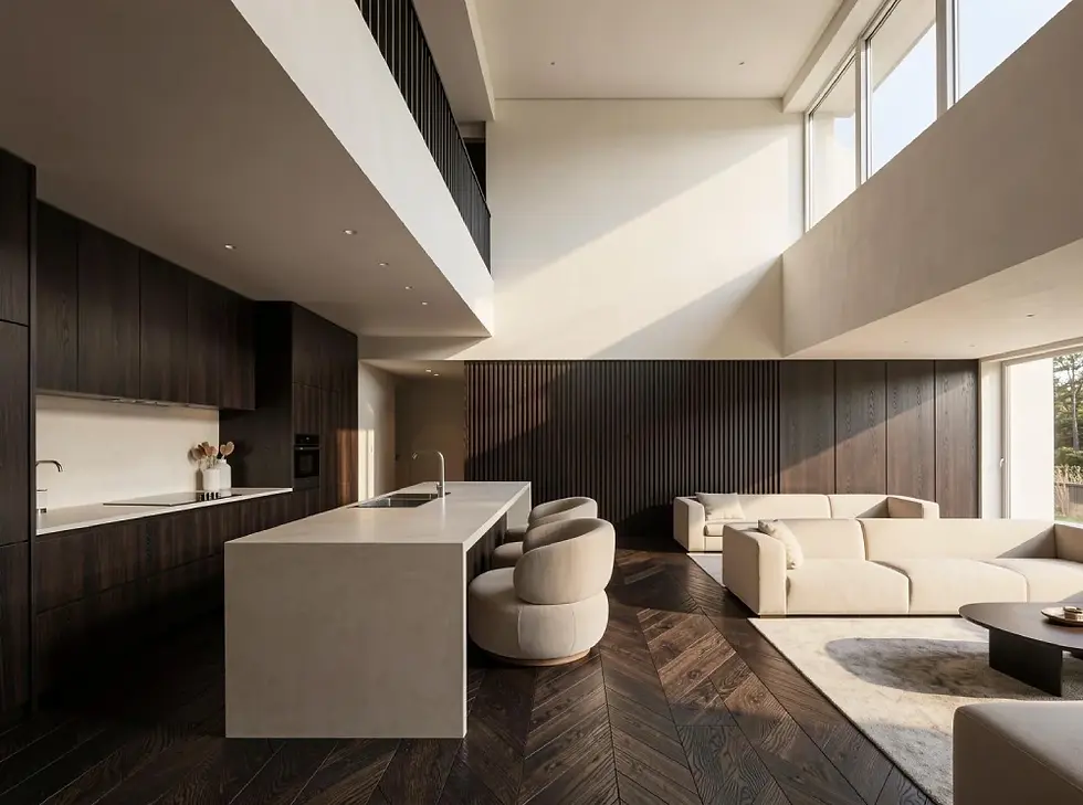 Photorealistic AI render of a modern open-plan kitchen and living room with dark wood finishes, double-height ceiling, and minimal furniture.