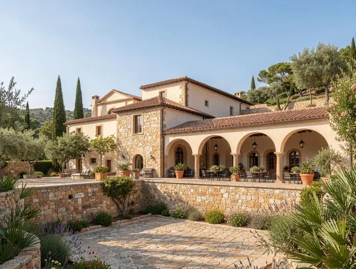 Mediterranean stone villa with arched terrace, stone walls, and landscaped courtyard garden.