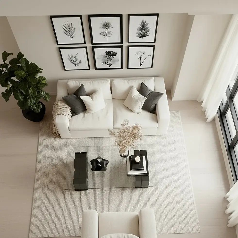 A minimalist living room viewed from above, featuring a cream sofa with black and white pillows, a glass coffee table, and framed botanical prints on the wall.
