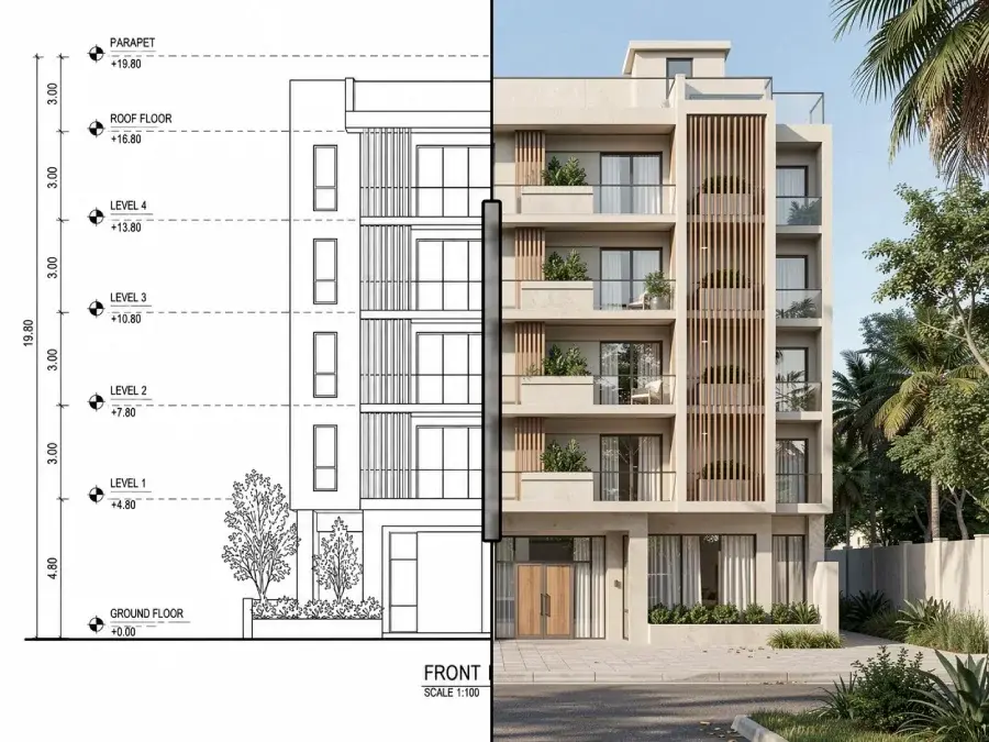Architectural elevation drawing transformed into a photorealistic front exterior render of a modern multi-story residential building.