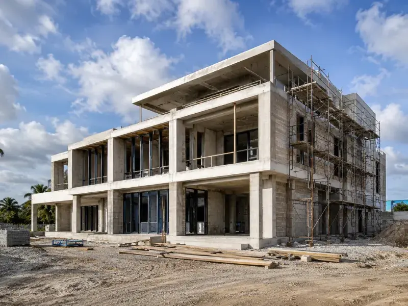 Construction-progress photo of a modern multi-story building with exposed concrete, unfinished openings, scaffolding, and building materials on site.
