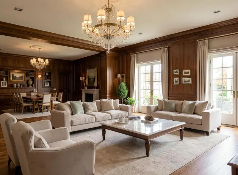 Classic luxury living room interior with wooden wall panels, crystal chandeliers, beige sofas, and formal dining area.
