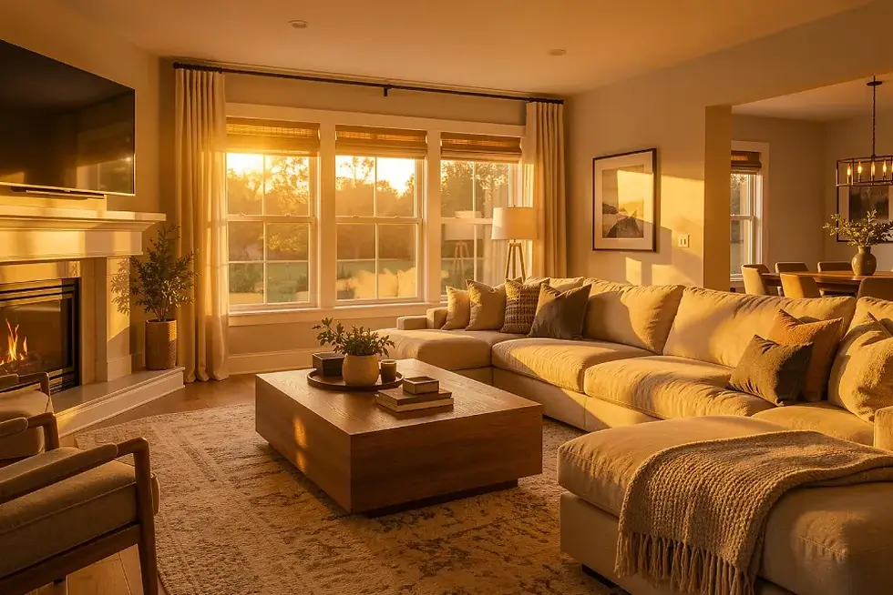 Modern living room illuminated by warm golden-hour sunlight, featuring a sectional sofa, fireplace, wooden coffee table, and large windows.