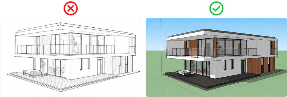 Confronto che mostra un disegno tecnico in bianco e nero non adatto, contrassegnato da una X rossa, e un modello SketchUp a colori consigliato, contrassegnato da un segno di spunta verde, per il modulo Precise Render.