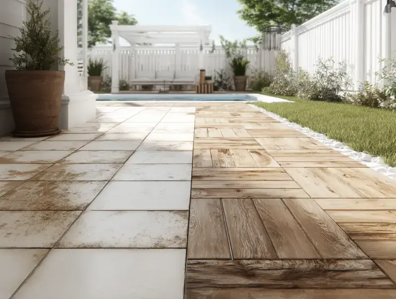Close-up of patio flooring showing side-by-side comparison of white stone tiles and wood-look tiles next to grass and a backyard pool area.