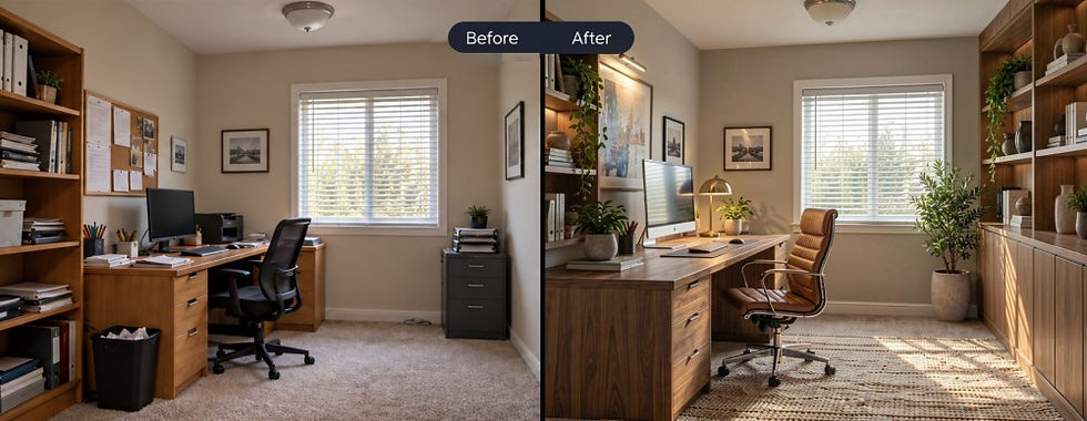 Prima e dopo di un home office progettato con IA, con uno spazio disordinato trasformato in un ufficio domestico caldo, ordinato e fotorealistico.