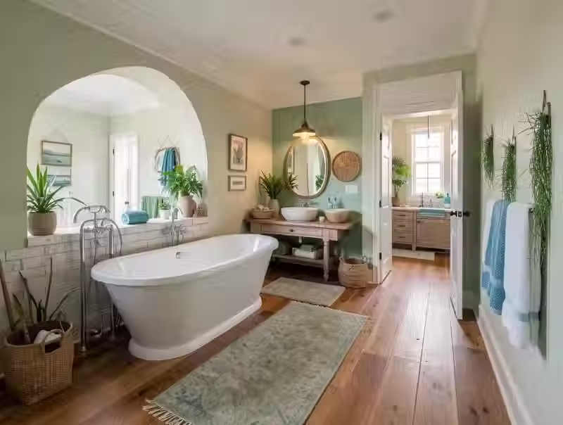 Bagno in stile costiero con pareti verde tenue, vasca freestanding, pavimento in legno naturale, dettagli intrecciati e numerose piante.