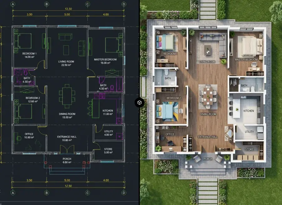 AutoCAD floor plan drawing transformed into a realistic top-down architectural floor plan render with furniture, materials, and landscaping.