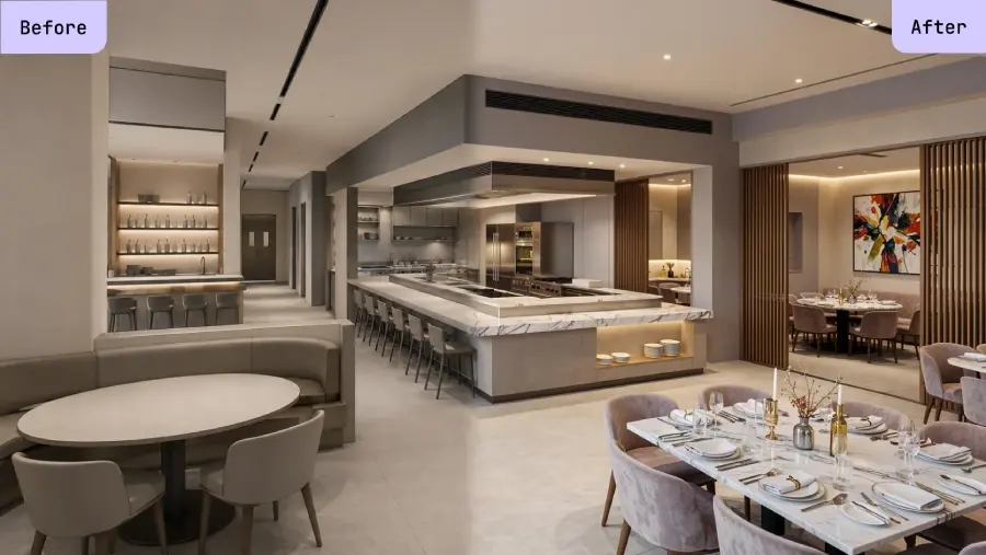 Interno di un ristorante moderno con cucina a vista, tavoli da pranzo, banconi in marmo e illuminazione contemporanea.