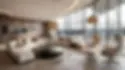 Luxury modern living room with a curved sectional sofa, floor to ceiling windows, pendant lights, lounge chairs, and a sleek coffee table in a bright open interior.
