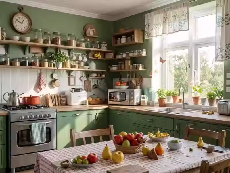 Cucina in stile farmhouse moderno con mobili verdi, mensole aperte in legno, un tavolo rustico e molta luce naturale.
