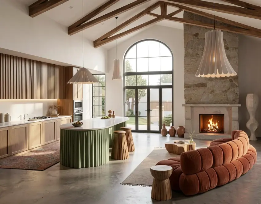 Photorealistic AI render of a rustic modern open-plan kitchen and living room with wooden beams, stone fireplace, and curved sofa.