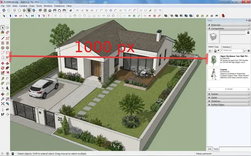 SketchUp screenshot of a single-story house and landscaped garden viewed in perspective, with a red horizontal measurement line labeled 1000 px across the image to indicate the recommended screenshot width.