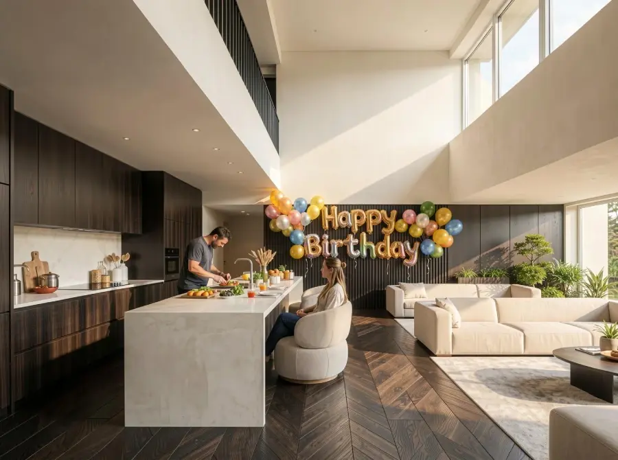Photorealistic AI render of a modern open-plan kitchen and living room with double-height ceiling, featuring a birthday decoration setup and people interacting.