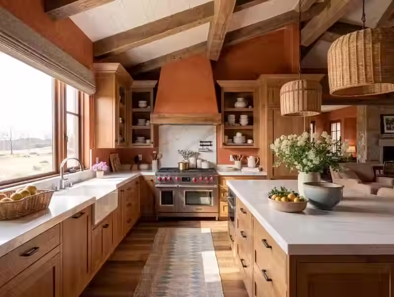 Cucina calda nei toni terracotta con mobili in legno naturale, travi a vista, piani in marmo e lampade a sospensione intrecciate.