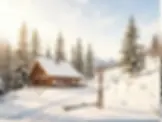 Cozy wooden mountain cabin surrounded by snow-covered trees and skis in a winter alpine landscape.