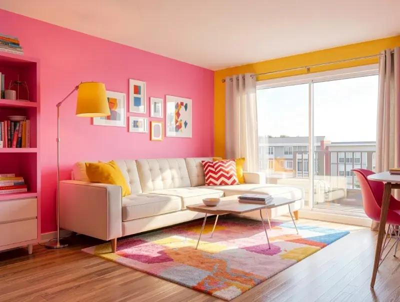 Pink and yellow dopamine living room with modern sofa, colorful rug, and playful wall art