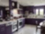 Classic plum noir kitchen with deep purple cabinets, marble backsplash, stainless appliances, and elegant recessed lighting