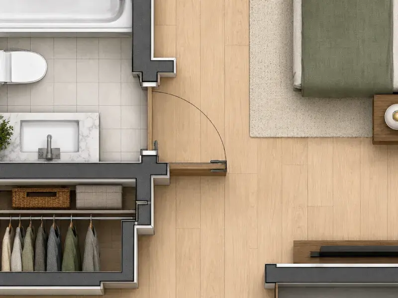 Detailed top-down view of a furnished apartment floor plan showing a bathroom, bedroom, walk-in closet, wooden flooring, and door openings.