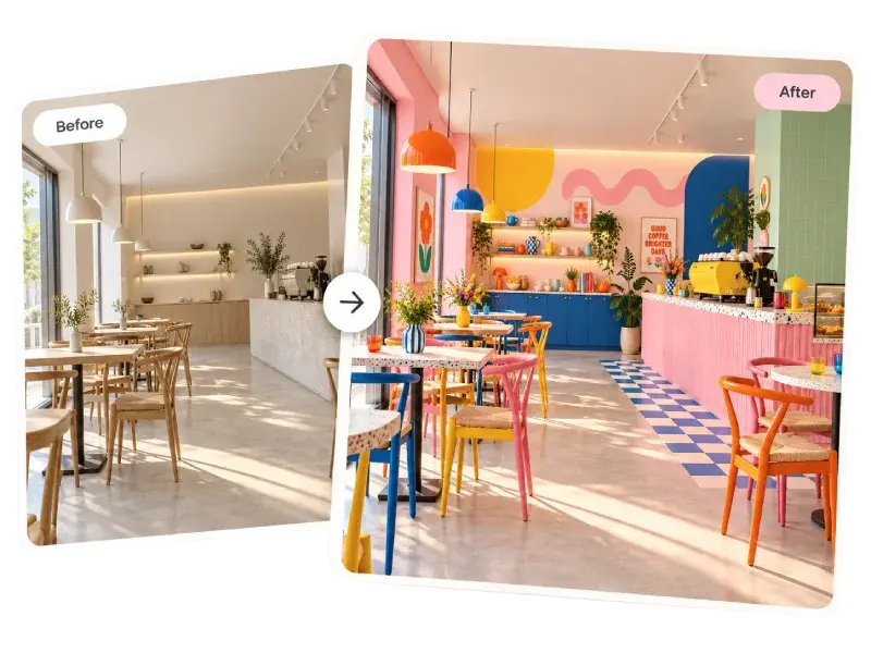 Confronto prima e dopo di una caffetteria, che mostra come l’IA trasferisce lo stile di un’immagine di riferimento al progetto mantenendo layout e struttura originali.