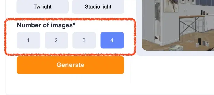 Screenshot of ArchiVinci’s Interior Render Generator interface with the Number of images section highlighted in red, showing selectable options 1, 2, 3, and 4, with 4 selected above the Generate button.