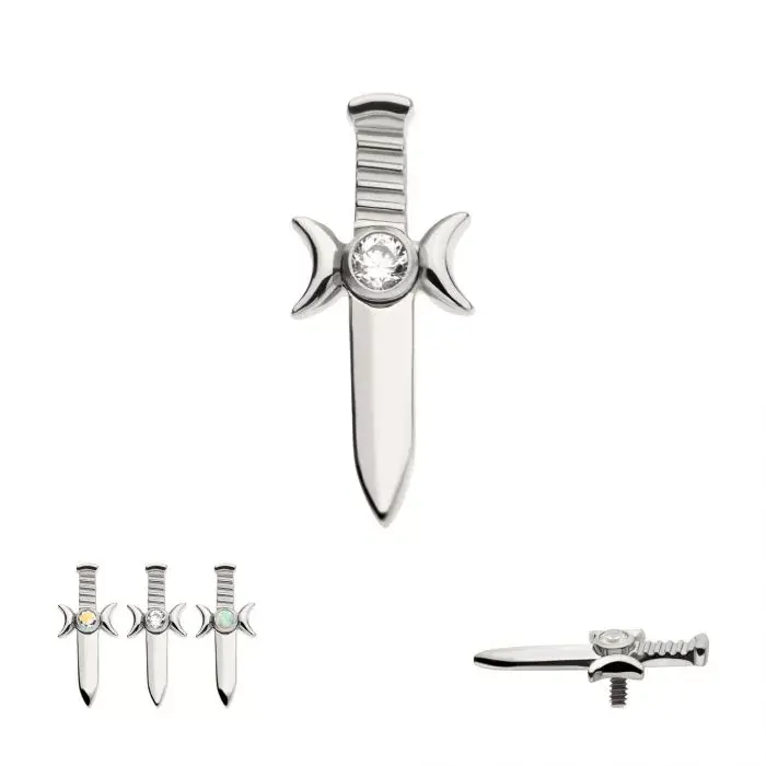 Titanium Internally Threaded with Bezel Set 2mm CZ Triple Moon Phase Dagger