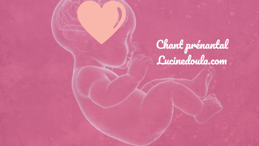 Bébé flottant dans un fond rose, cœur sur le visage. Texte: "Chant prénatal Lucinedoula.com". Ambiance douce et sereine.