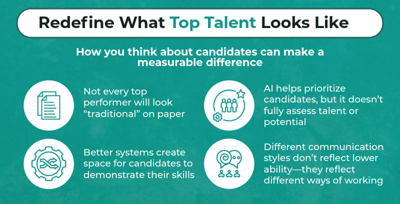 Text on teal background: Redefine What Top Talent Looks Like. Discusses candidate evaluation, AI in hiring, and diverse communication styles.