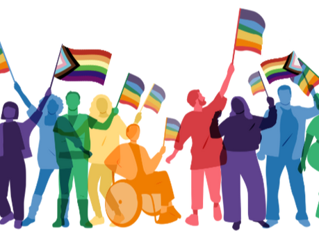 Diverse people holding rainbow pride flags, cheering together in a colorful LGBTQ+ celebration.