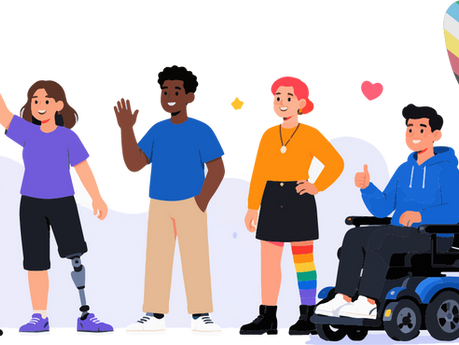 Diverse disabled friends smile and wave; one uses a cane, one a prosthetic leg, one sits in a wheelchair beside a potted plant and heart.