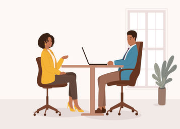 Illustration of a woman of color, wearing a yellow blazer, gray pants, and yellow high heeled shoes, sitting in an office chair in front of a man of color sitting on the opposite side of the woman at a table with a laptop in front of him. The man is wearing a blue blazer, white collared shirt, and black tie, brown pants, and shoes.  There is a window with a plant next to it in the background. 