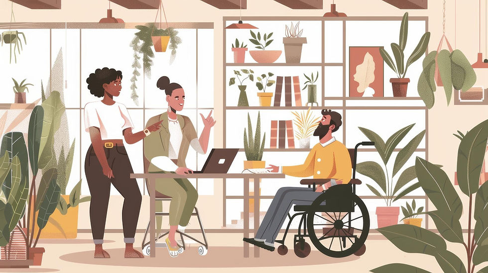 Three people talk in a plant-filled office. One stands, another sits by a laptop, and the third is in a wheelchair. Warm, collaborative mood.