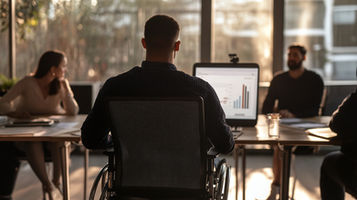 Photograph of a man in foreground seated at a desk with his back to camera looking at a computer with bar graphs on the screen. In the background, a women and man are also seated at desks, blurred focus, in front of windows