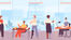 Illustration of five professionals with disabilities work in an office. Background features large windows, plants, desks, and a water cooler.