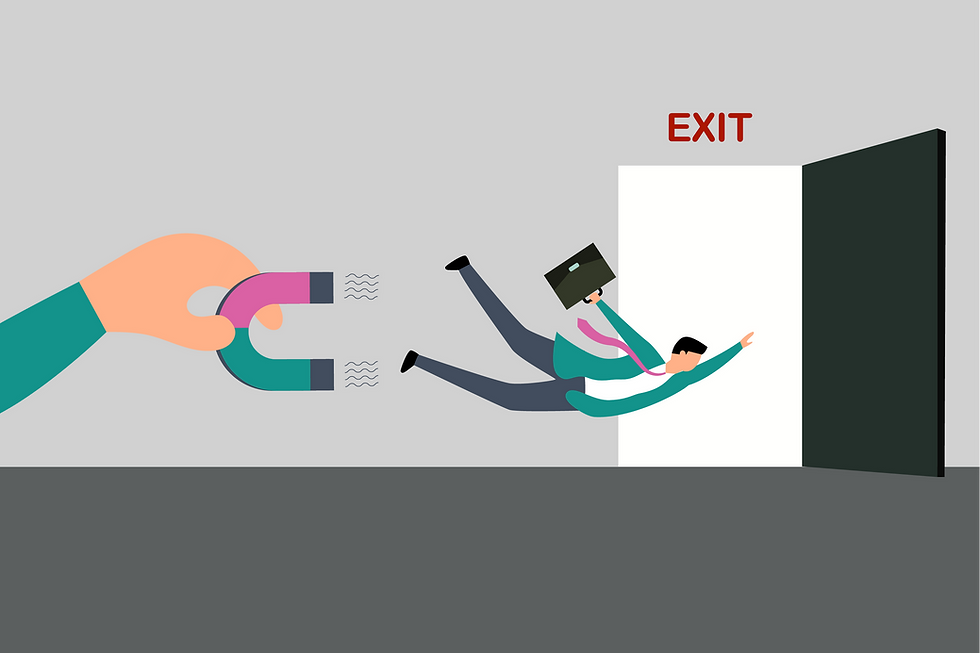 Illustration of a hand with a magnet pulls a businessman away from an open door labeled "EXIT." The setting is gray, conveying urgency.