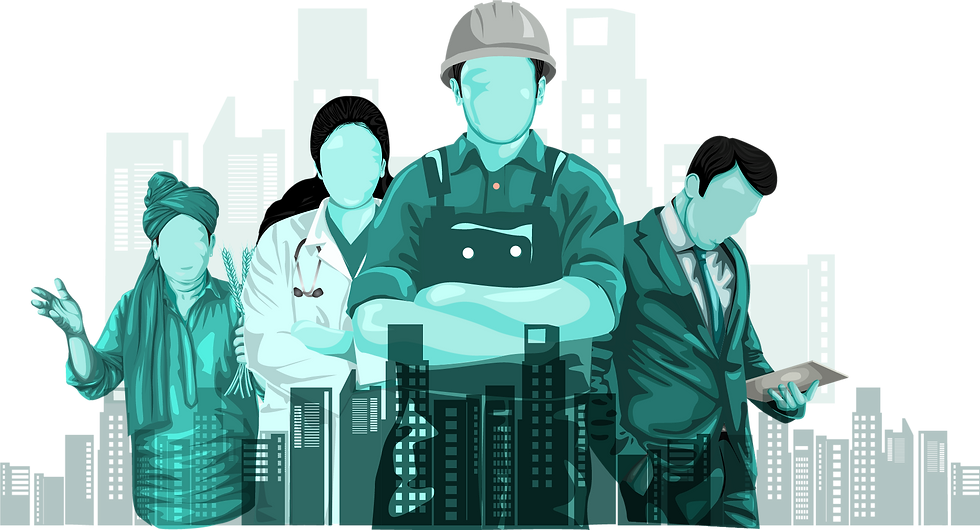 Illustration of diverse workers—a woman, doctor, construction worker, and businessman—standing before a city skyline.