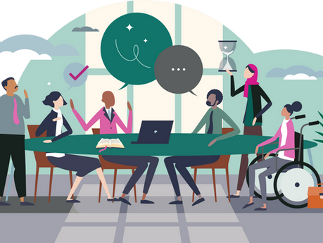 Diverse group in a meeting around a table with laptops and books. One person in a wheelchair, others talking. Background has clouds and plants.