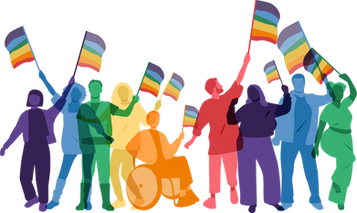 Colorful illustration of rainbow silhouettes of diverse people waving rainbow flags.