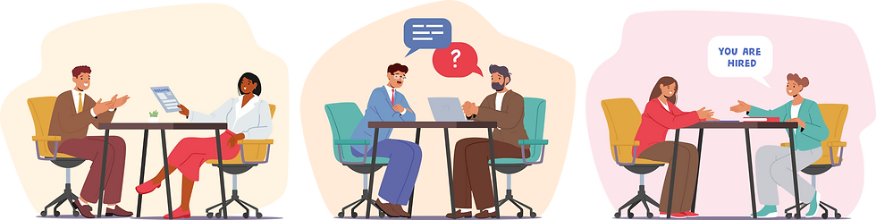 3 illustrations of interviews. Image 1: a man being interviewed by a woman; Image 2: a man being interviewed by another man looking at a laptop; Image 3: a woman being hired by another woman.